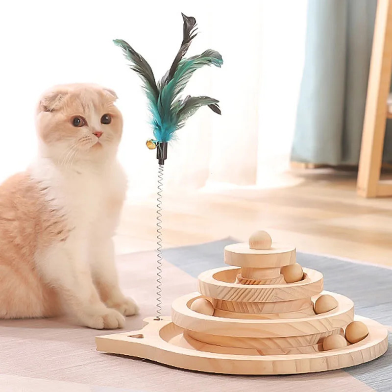Cat Toys Wooden 2/3 Levels Pet cat Toy Tower Tracks Disc cat Intelligence Amusement Triple Play Disc Cat toys ball Training Toys 231011