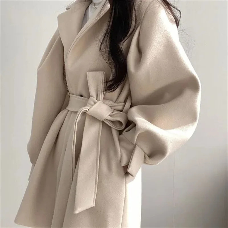 Women's Wool Blends Mid Length Blazer Collar Woolen Coat Women Belted Winter Jacket Niche Vintage Loose Fashion Overcoat Solid Trench Coats 23101