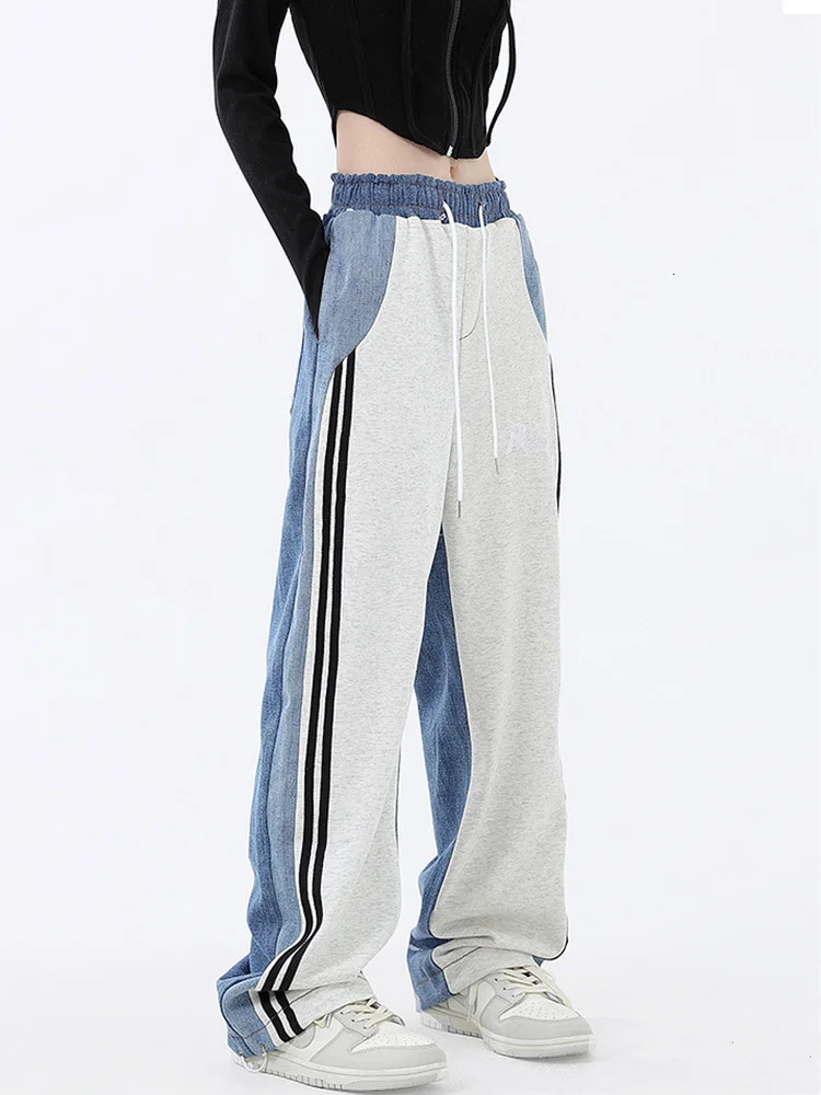 Women's Pants s Y2k Women High Waisted Side Stripe Patchwork Drawstring Casual Wide Leg Trousers Full Length Sweatpants 2023 Spring Korean 231011