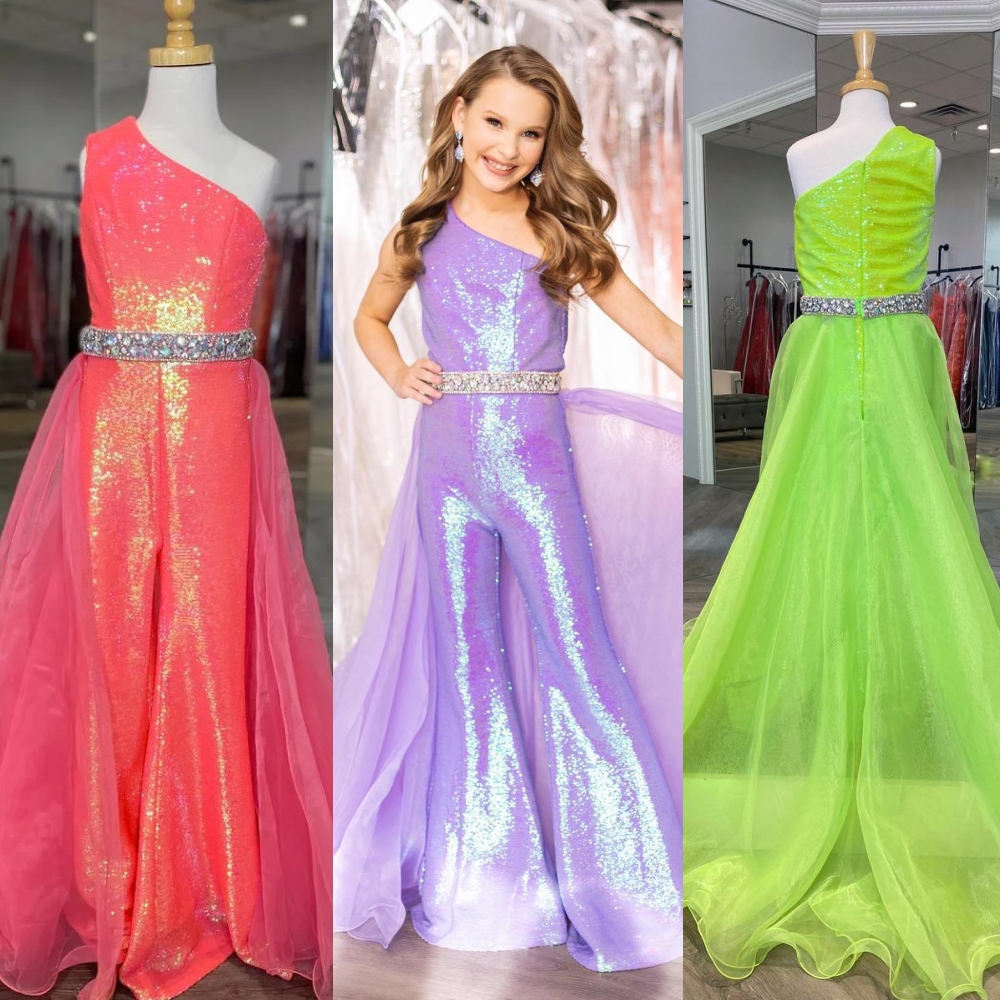 Little Girl Pageant Jumpsuit Dress 2024 Crystal Organza Overskirt One-Shoulder Kid Fun Fashion Runway Romper Party Gown Toddler Teen Preteen Miss Bell