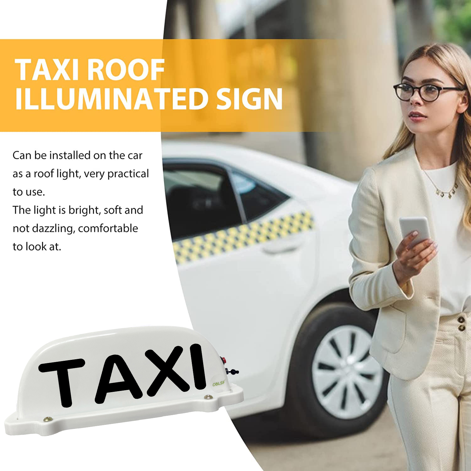 TAXI Cab Top Roof Sign USB Rechargeable Battery with Magnetic Base Waterproof Cab Indicator Sign Lamp Windshield WHITE NEW