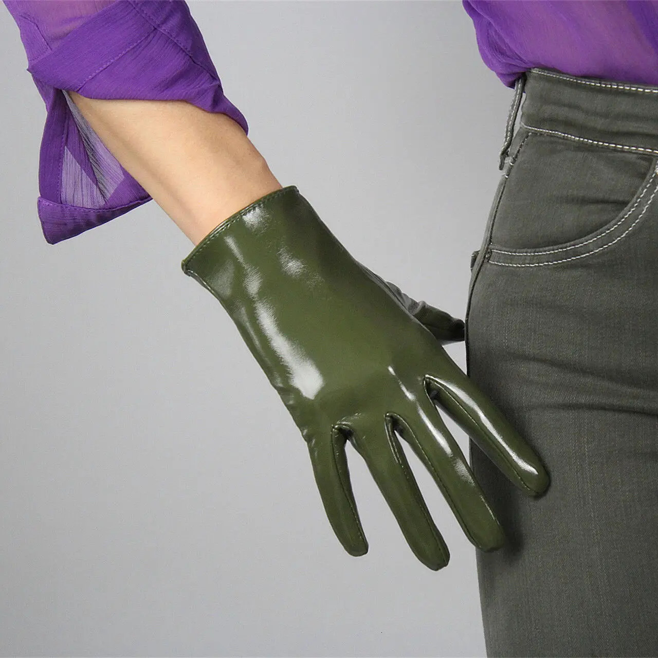 Five Fingers Gloves LATEX LONG GLOVES Shine Leather Faux Patent PU 28" 70cm Opera Olive Army Green 231010
