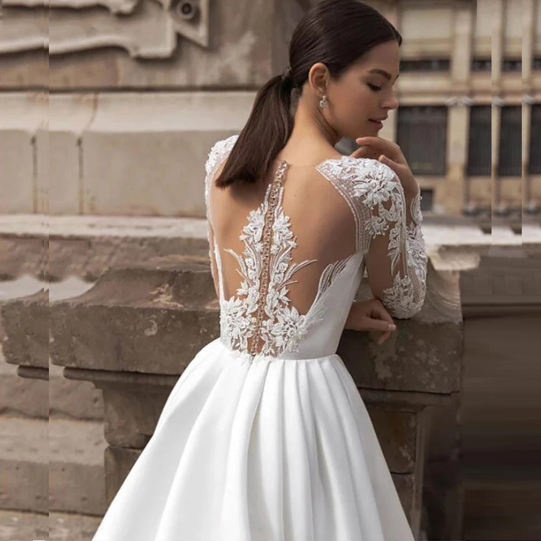Elegant Satin Wedding Dresses Long Sleeve Lace Bride Gowns Illusion Back Covered Back Vestido De Novia Women's Party 01