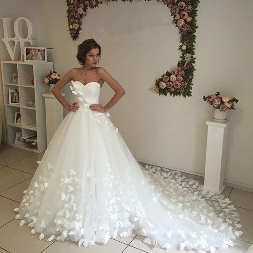 White Sweetheart Butterfly Decal Wedding Dresses Floor Length Court Train Tulle Zipper Custom Made Bridal Gown 01