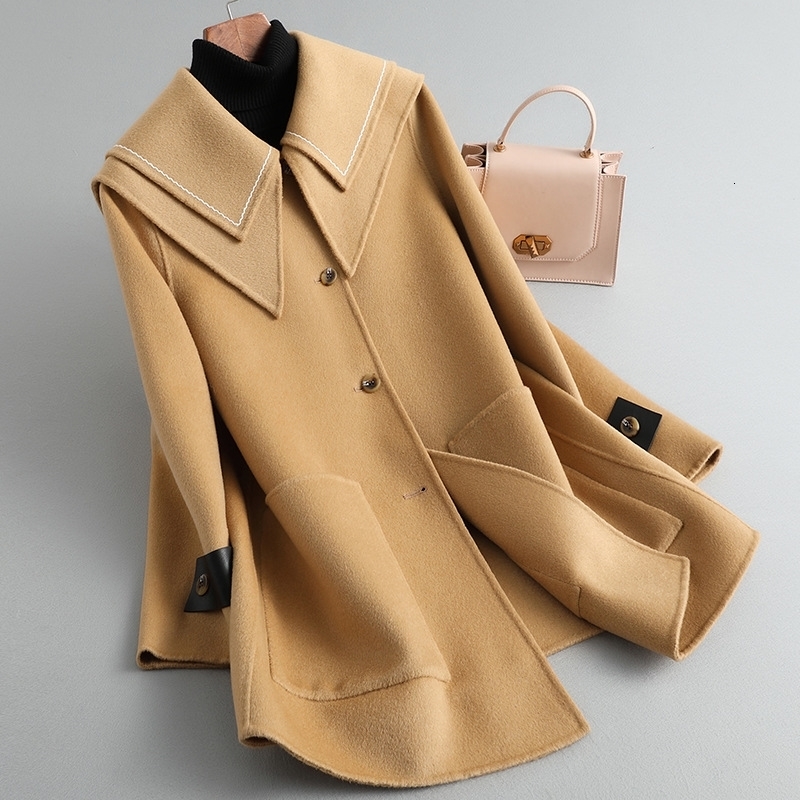 Womens Wool Blends MidLength DoubleSided Cashmere Coat Female Autumn Navy Collar Woolen PH004 231010