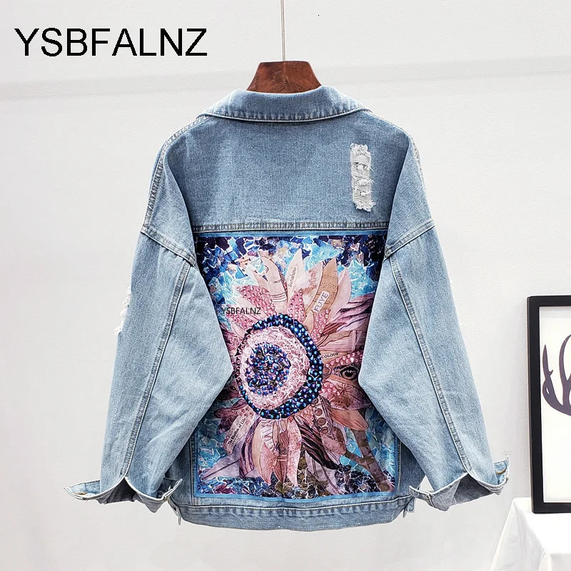 Women's Jackets Women Denim Jacket Feminine Spring Autumn Boho Sequin Floral Appliques Embroidery Coat Long Sleeve Outerwear Female Veste Femme 2