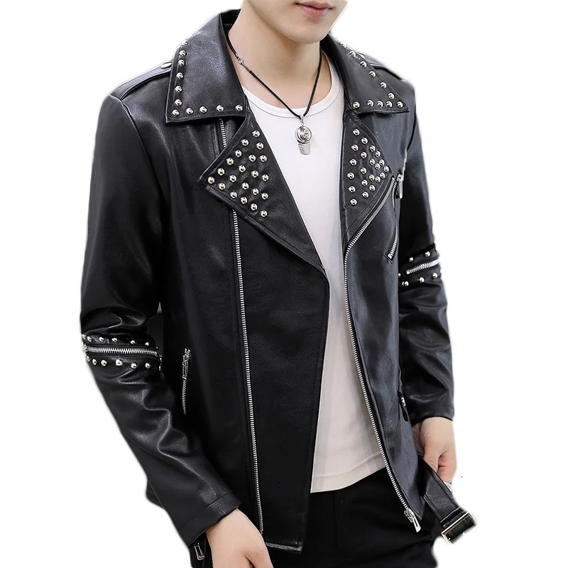Men's Leather Faux Leather HOO Men's Casual Autumn Slim Fit Handsome Rivet Oblique Zipper Leather Jacket Youth Trendy Motorcycle PU Leather 