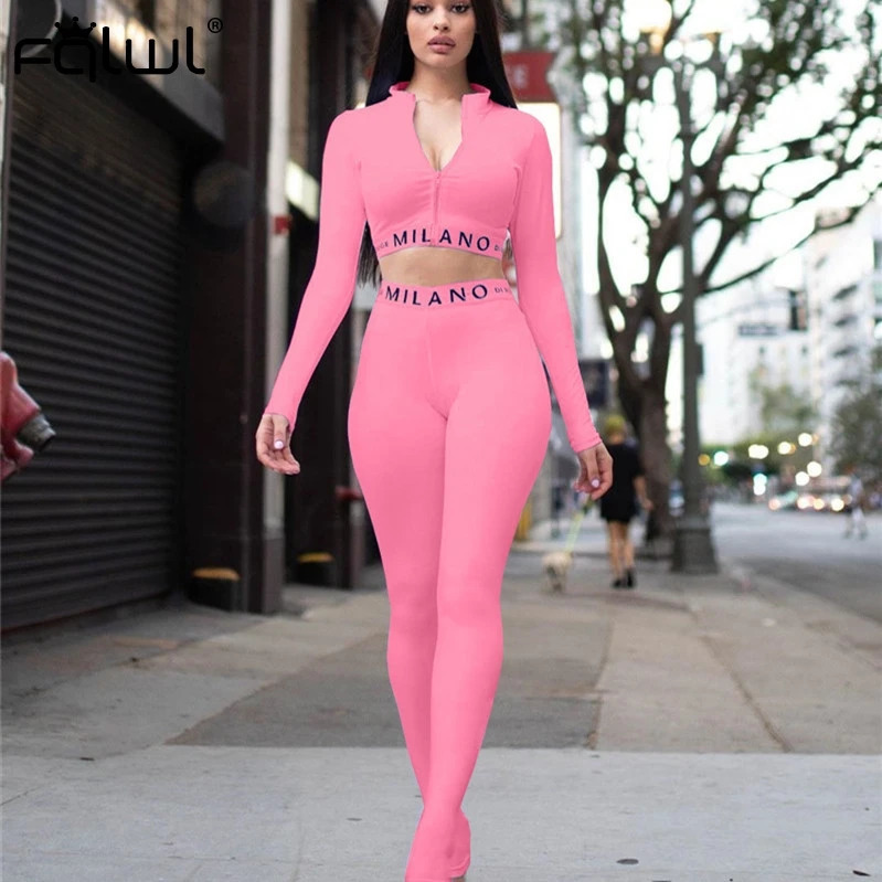 Women's Two Piece Pants FQLWL Streetwear White Pink 2 Two Piece Set Women Outfits Fitnesss Long Sleeve Crop Top Leggings Women Ladies Tracksuit F