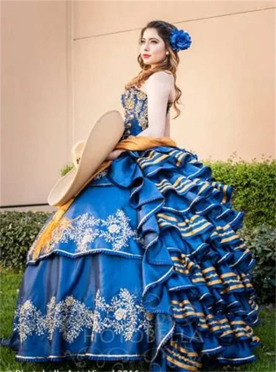 Vintage Blue Quinceanera Dresses Tiered Ruffles Victorian Bustle Prom Special Occasion Gowns Gold Appliques Lace-Up Plus Size Sweetheart Sweet 16 Part