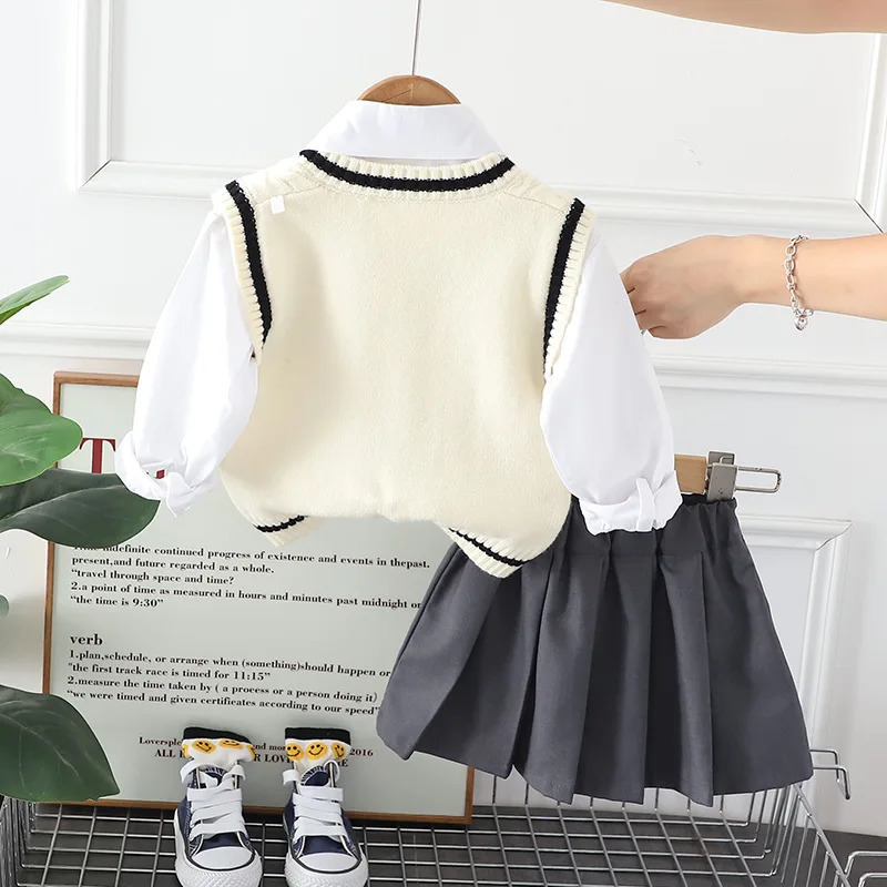 Clothing Sets 15T Back To School Outfits for Boys Girls Knitted Sweater Vest White Shirts Pants or Dresses Suits Baby Boy Clothes Set 231010