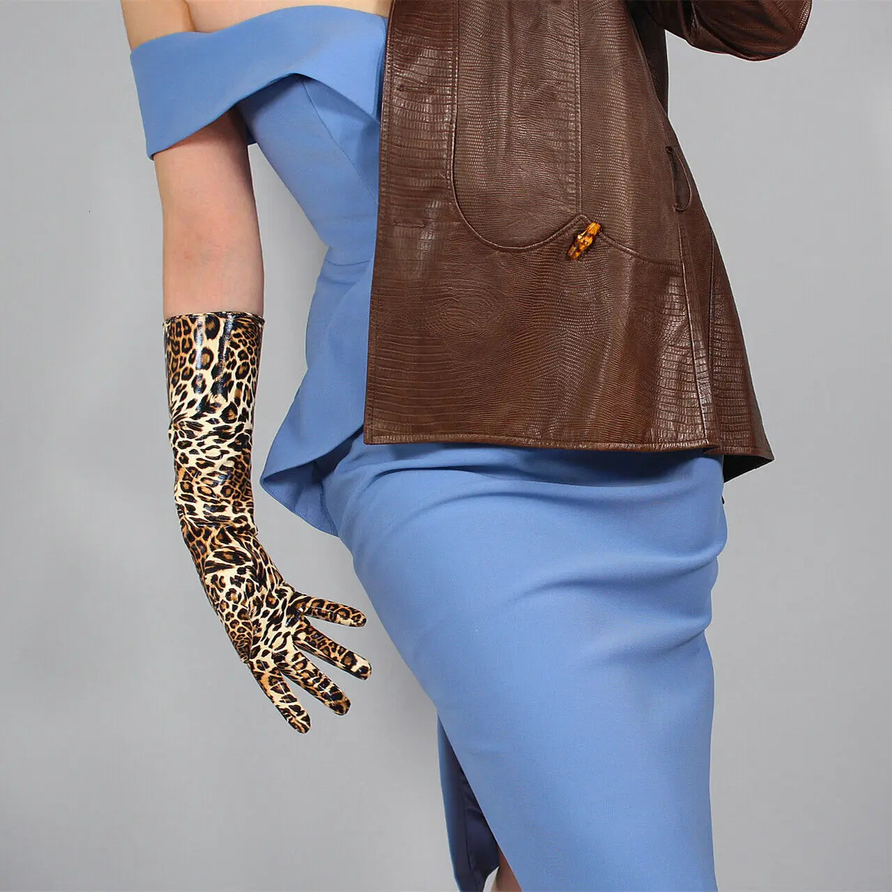 Five Fingers Gloves LATEX LONG GLOVES Shine Leather PU 24" 60cm Animal Print Brown Cheetah Leopard 231010