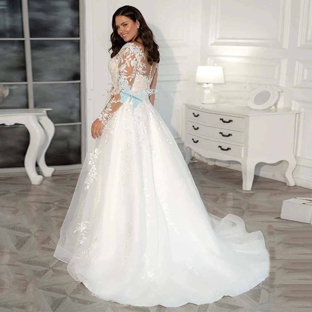 Vintage Lace Wedding Dresses Plus Size Elegant Big Women's Long Sleeves Scoop A Line Tulle Bridal Gowns Robe De