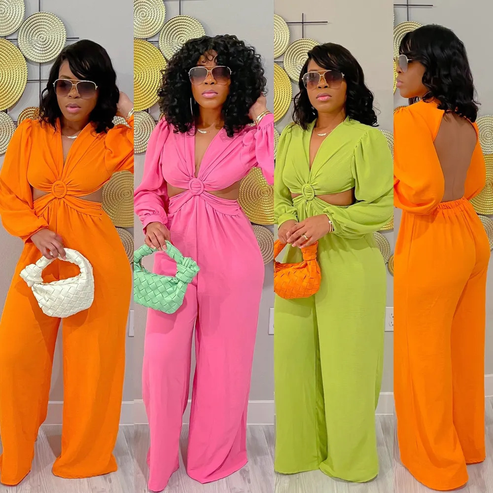 Women's Jumpsuits Rompers Spring Summer Women Jumpsuit Backless Hollow Out V Neck Pleated Solid Color Long Romper Women Jumpsuit Overalls 231010