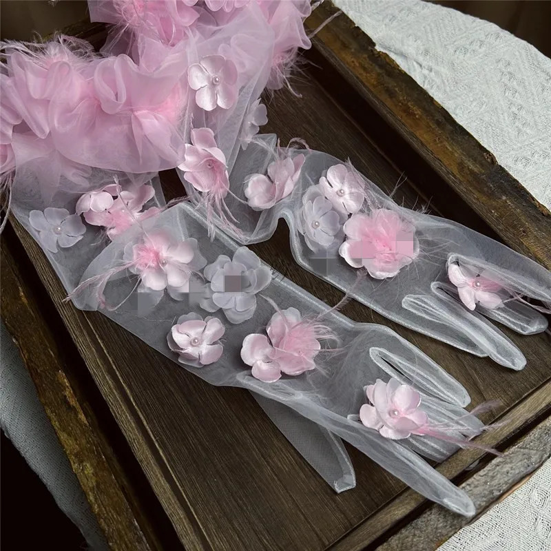 Five Fingers Glove's Elegant Flower Feather Long Mesh Glove Female Spring Summer Vintage Sunscreen Driving Pograph Party R2117 231010