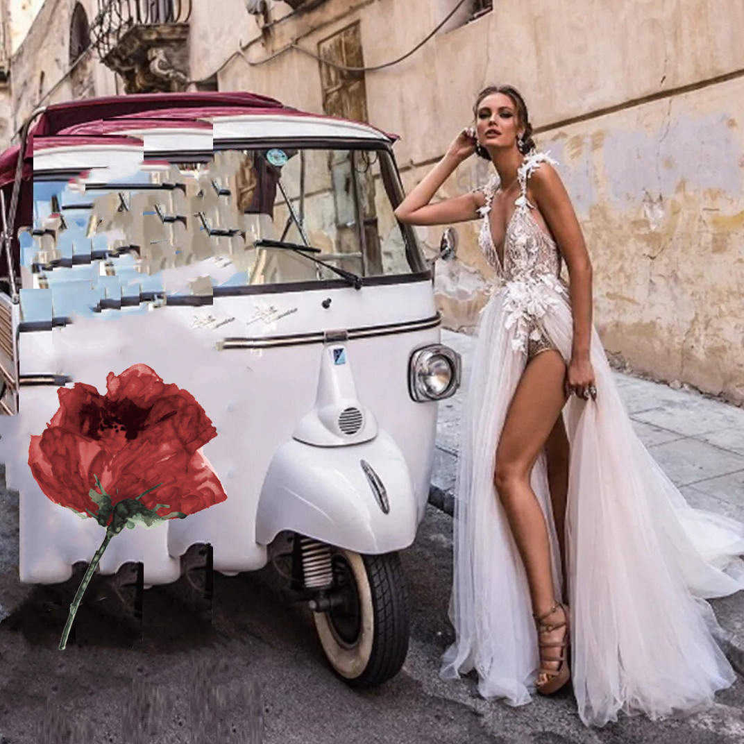 Sexy Beach Wedding Dresses Boho Deep V Neck Backless High Split Bridal Gowns A Line Lace Appliques Vestido De Mariee 01