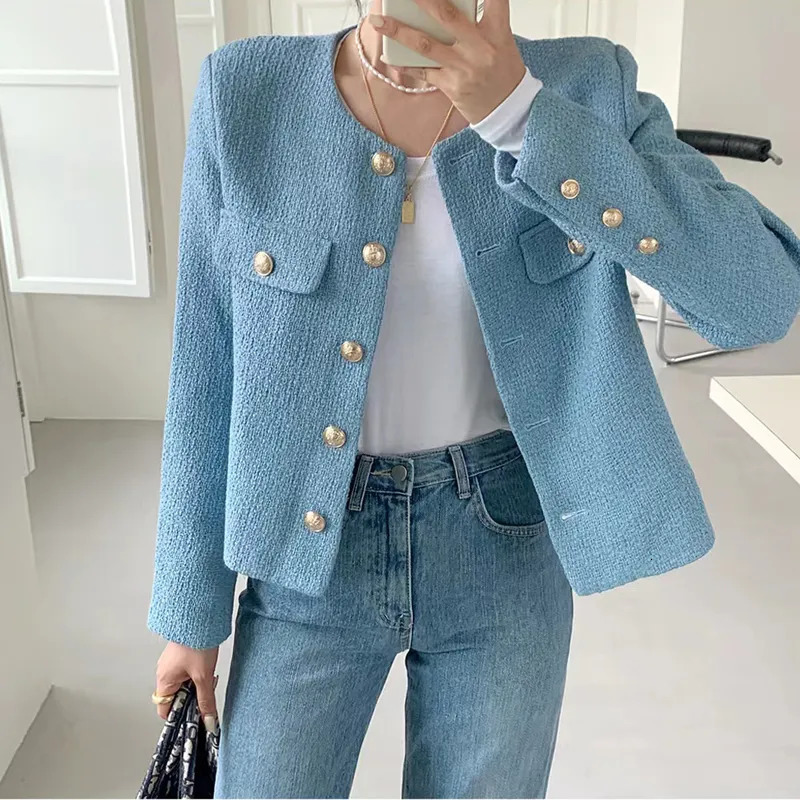 Women's Jackets French Wool Tweed Coat Fashion High-end Gold Button Short Slim Temperament Autumn Winter Korean Coats Women Jacket Korea 231010