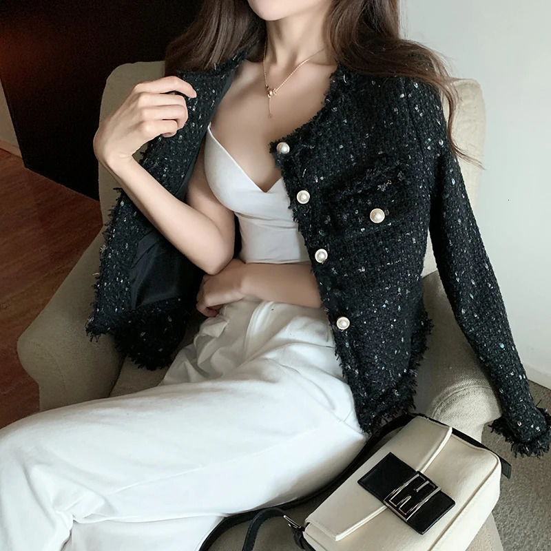 Lanjia- Women's Jackets Arrival Short Coat O-Neck Single-Breasted Tassel Slim Plaid Tweed Jacket Outwear Women Fashion 231010 F6f05