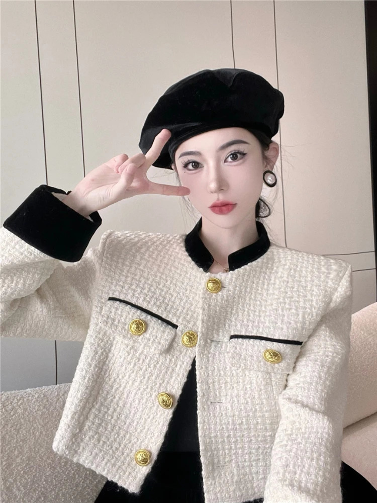 Women's Jackets Small Fragrant Coat Chic Stand Tweed Jacket Women Red Vintage Autumn Chaquetas Mujer Jaqueta Feminina Black Striped Cardigan 2310