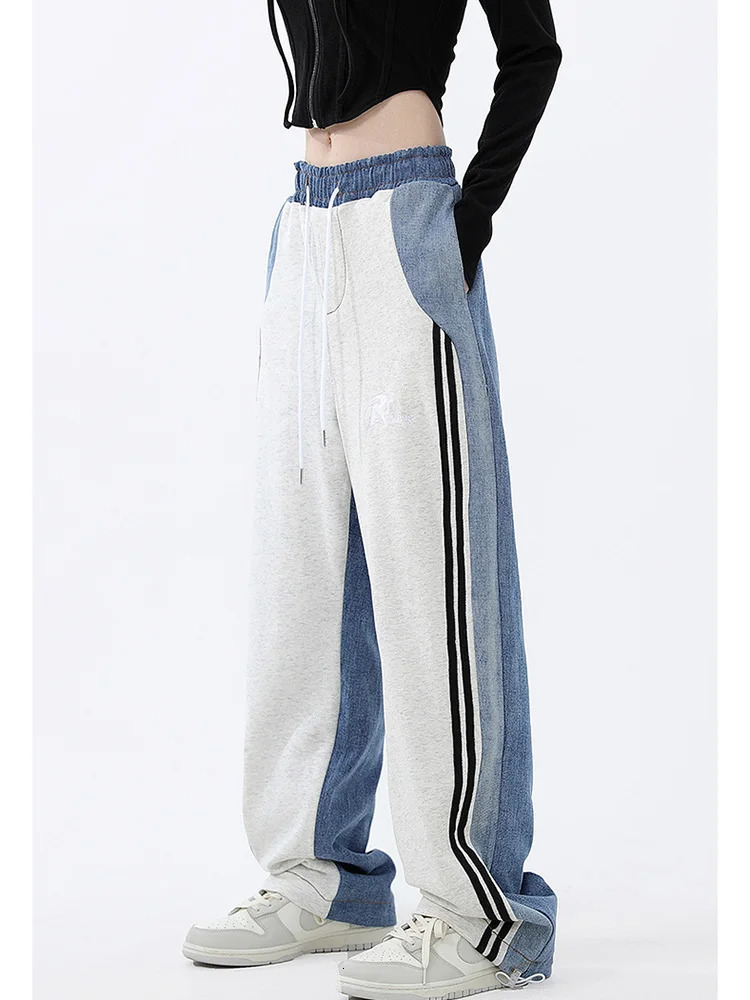 Women's Pants s Y2k Women High Waisted Side Stripe Patchwork Drawstring Casual Wide Leg Trousers Full Length Sweatpants 2023 Spring Korean 231011