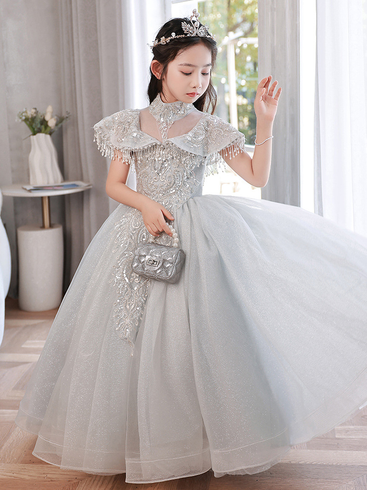 bling shiny White Flower Tulle Beading Appliqued Pageant For Girls First Dresses Kids Baby Girl Birthday Party A Line Communion Dress