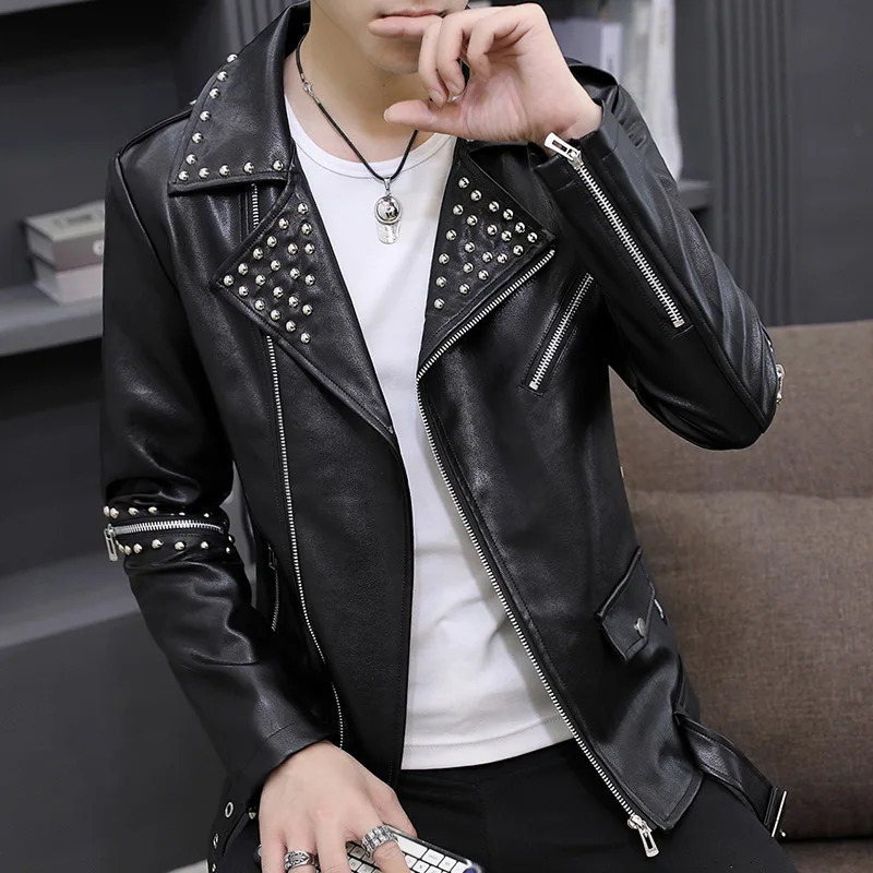 Men's Leather Faux Leather HOO Men's Casual Autumn Slim Fit Handsome Rivet Oblique Zipper Leather Jacket Youth Trendy Motorcycle PU Leather 