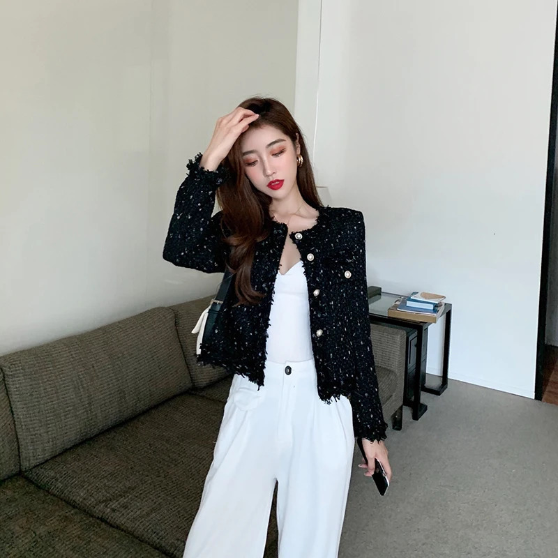 Lanjia- Women's Jackets Arrival Short Coat O-Neck Single-Breasted Tassel Slim Plaid Tweed Jacket Outwear Women Fashion 231010 F6f05