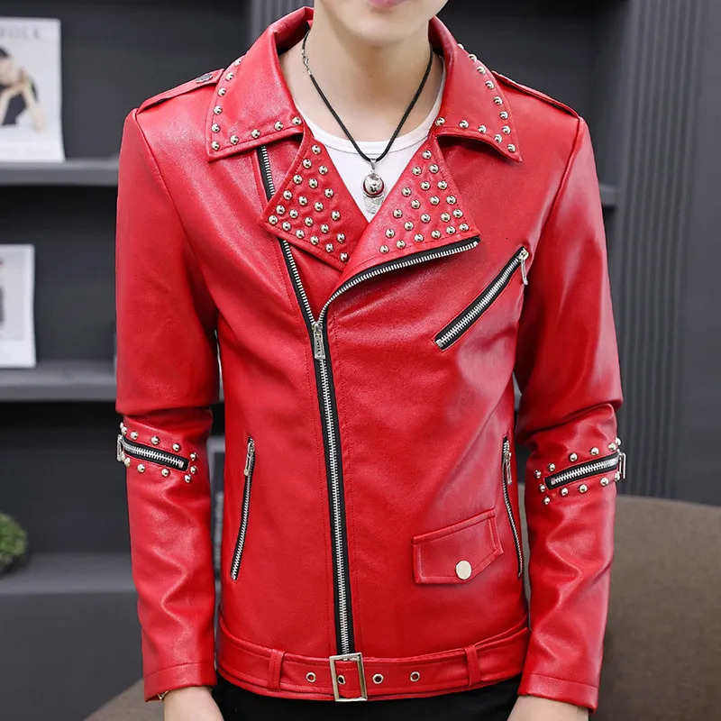 Men's Leather Faux Leather HOO Men's Casual Autumn Slim Fit Handsome Rivet Oblique Zipper Leather Jacket Youth Trendy Motorcycle PU Leather 