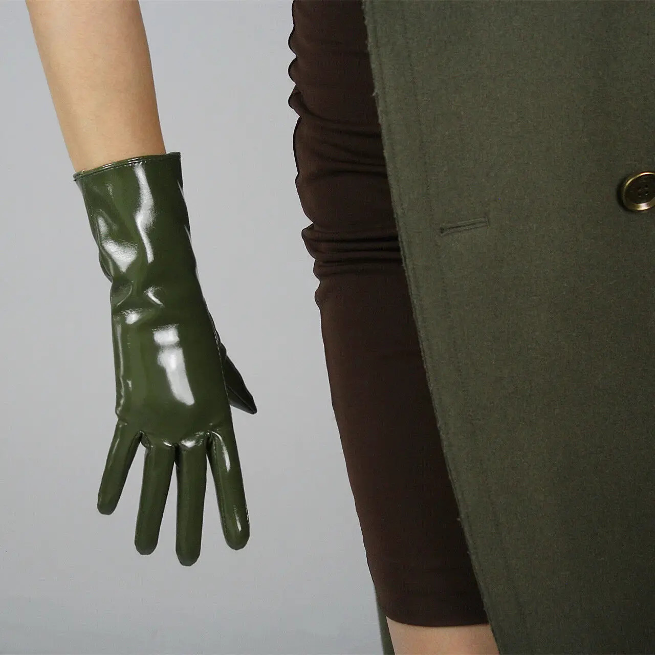 Five Fingers Gloves LATEX LONG GLOVES Shine Leather Faux Patent PU 28" 70cm Opera Olive Army Green 231010