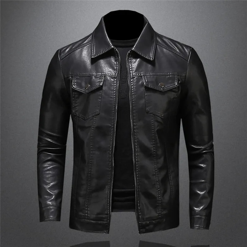 Men's Leather Faux Leather Men's Motorcycle Leather Jacket Large Size Pocket Black Zipper Lapel Slim Fit Male Spring and Autumn High Quality