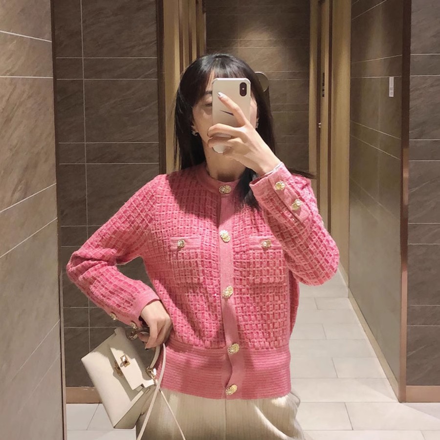 Womens elegant lurex patchwork long sleeve knitted single breasted sweater cardigan tops SML