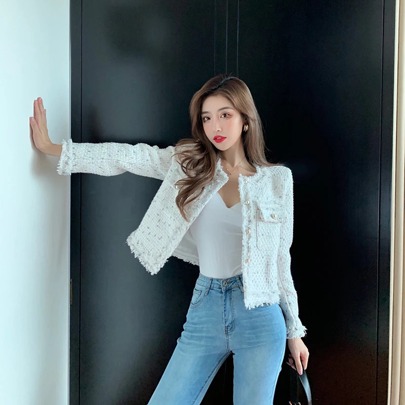Lanjia- Women's Jackets Arrival Short Coat O-Neck Single-Breasted Tassel Slim Plaid Tweed Jacket Outwear Women Fashion 231010 F6f05
