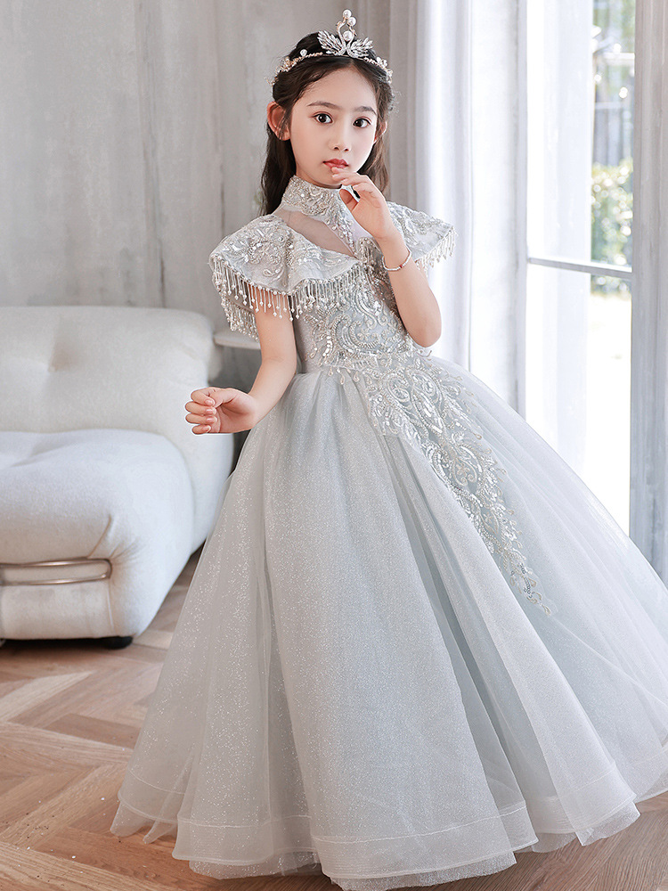 bling shiny White Flower Tulle Beading Appliqued Pageant For Girls First Dresses Kids Baby Girl Birthday Party A Line Communion Dress