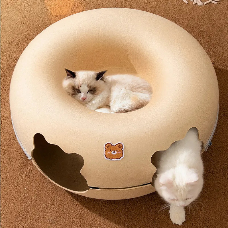 Cat Beds Furniture Cute Cartoon Shaped Interactive Toy for Cats House Felt Tunnel Cave Beds Removable Donut with Zipper Nest Basket Kitten Supplies 23
