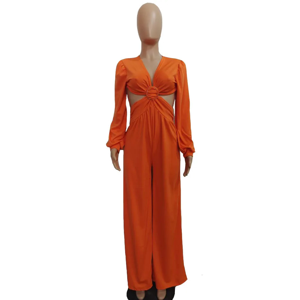 Women's Jumpsuits Rompers Spring Summer Women Jumpsuit Backless Hollow Out V Neck Pleated Solid Color Long Romper Women Jumpsuit Overalls 231010