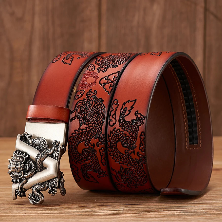 Other Fashion Accessories Male China Dragon Belt Cowskin Genuine Leather Belt for Men Carving Dragon Pattern Automatic Buckle Belt Strap For Jeans 231