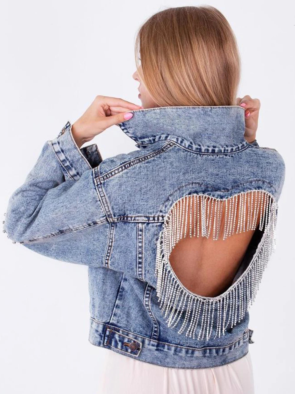 Women's Jackets Denim Jacket Female Light Blue Diamond Tassel Coat Single-Breasted Open Back Women Jeans Coat Autumn Fashion Clothing 231010