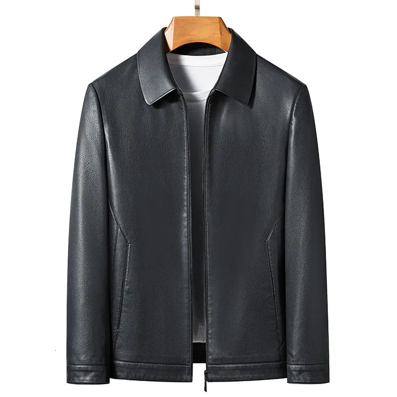Men's Leather Faux Leather YN-2335 Spring and Autumn Men's Genuine Leather Polo Mock Neck Jacket Fashion Slim Sheepskin Coat Black Grey Husb