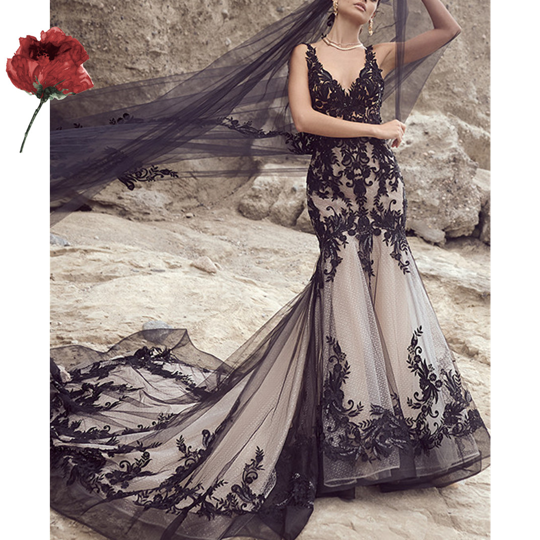 Black Mermaid Wedding Dresses Deep V Neck Lace Bridal Gowns Appliques Dubai Women Moden Bridal Dress Vestido De Novia