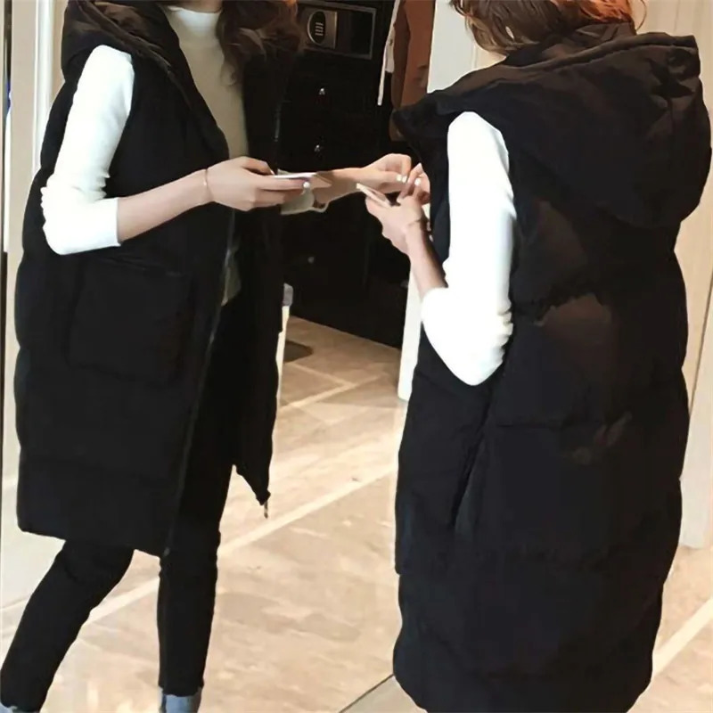 Women's Vests Winter Women Vest Waistcoat Long Cotton Jacket Loose Oversize Warm Bread Jacket Sleeveless Hooded Woman Jacket with Pocket 231010