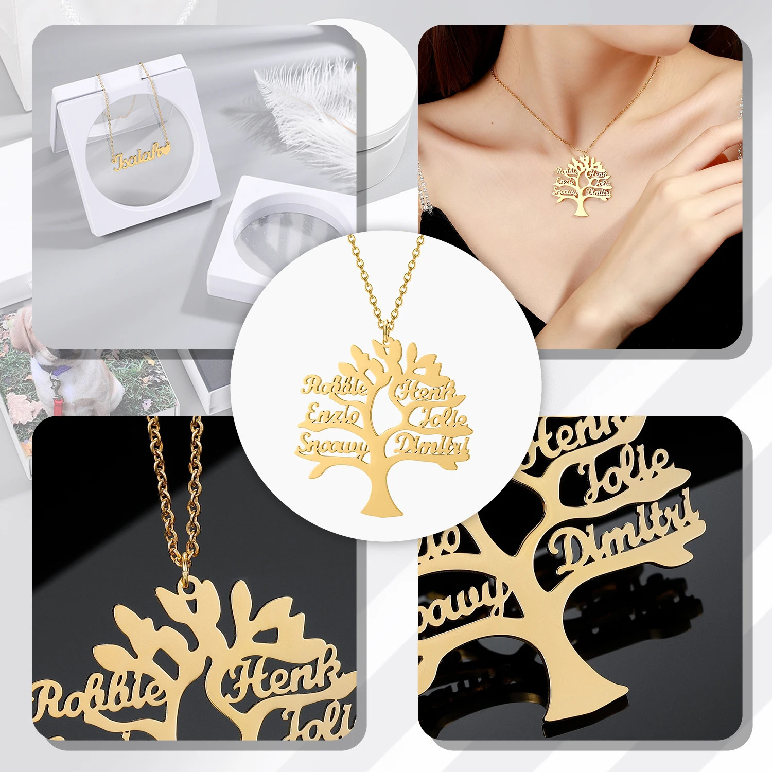 Charms Qitian Custom Personalized Tree of Life Necklace With16 Names Stainless Steel Pendant Chain Family Jewelry Women Christmas Gift 231010