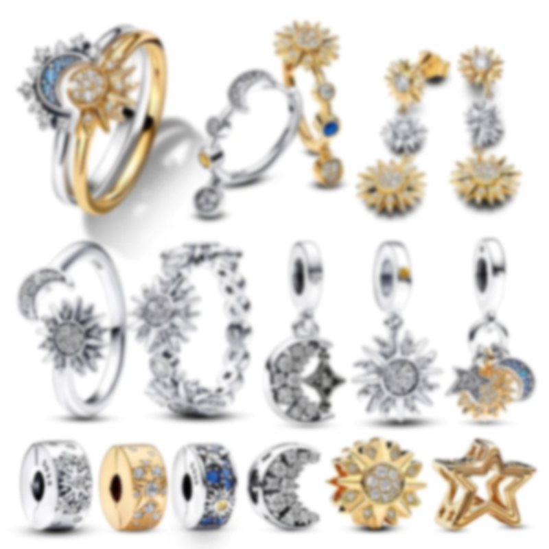 Summer Celestial Blue Sparkling Moon And Sun Ring Collection Clip Charm fit for Original Women Bracelet Gold Plated