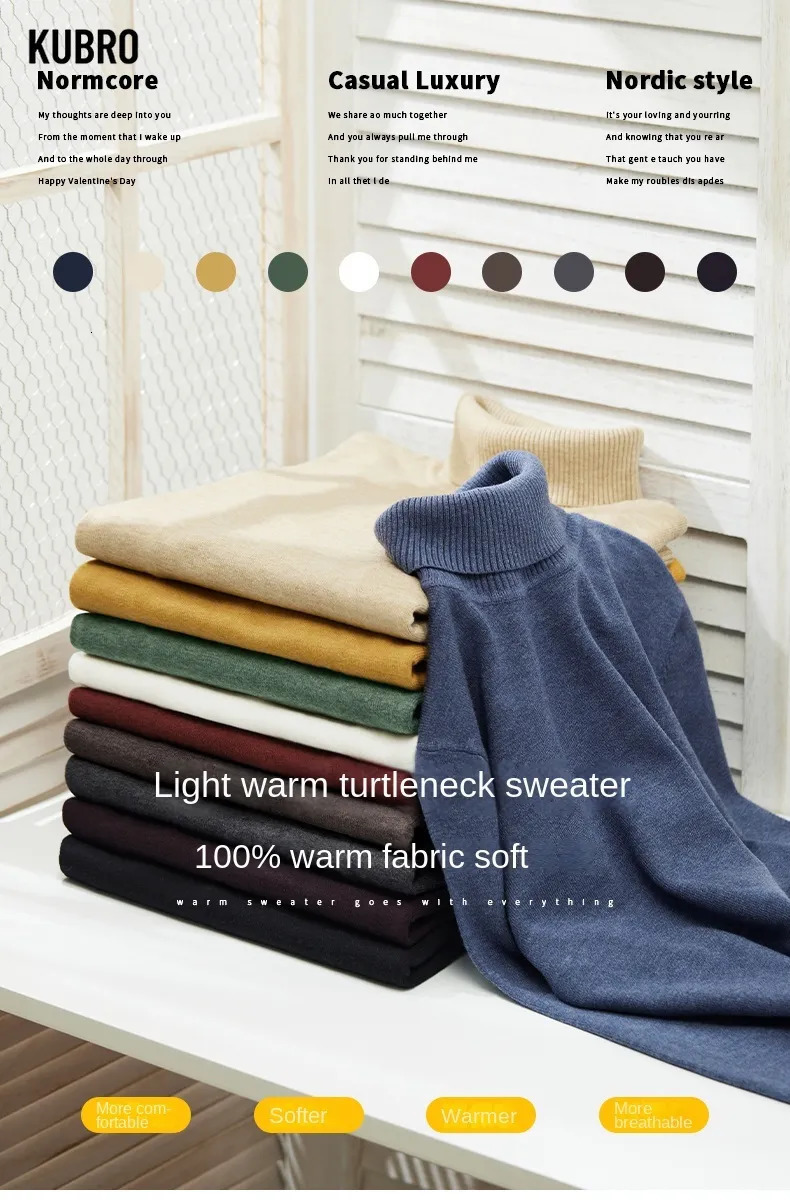 Men's Sweaters KUBRO Autumn Winter Men's Turtleneck Sweater Knitting Pullovers Rollneck Knitted Sweater Warm Men Jumper Slim Fit Casual Swea