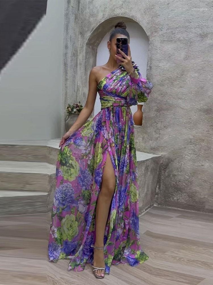 Casual Dresses Elegant Pleated Flower Print Dress Women Fashion One Shoulder Sleeve Waisted Long Robes Vestidos 2023 Lady Evening Party