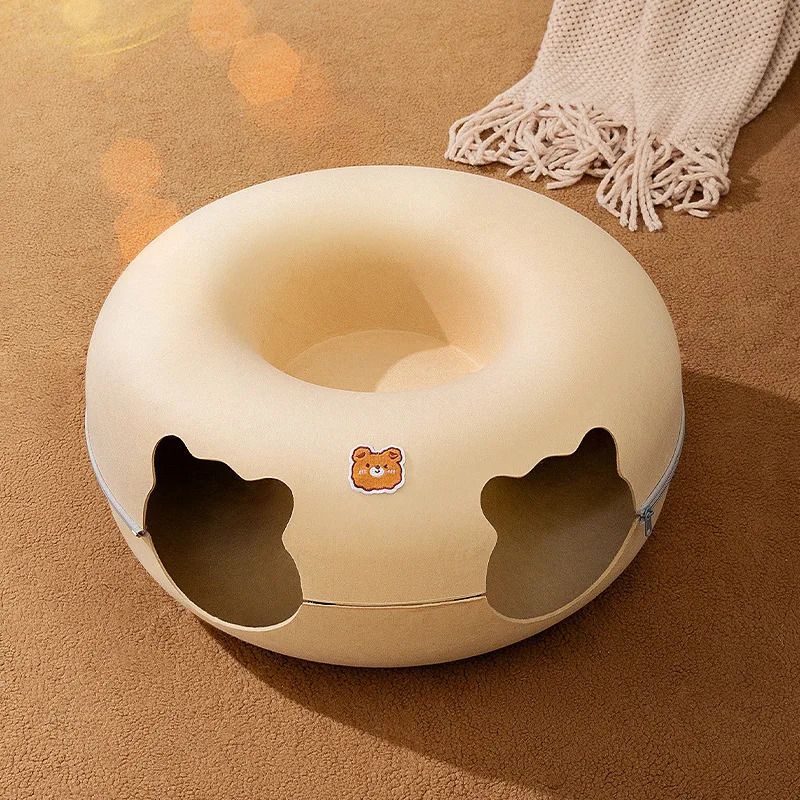 Cat Beds Furniture Cat Tunnel Bed 2 Holes Cats Hiding House All Seasons Felt Zipper Kitten Nest Basket Detachable Round Pet Play Tunnels Tube Toys 231