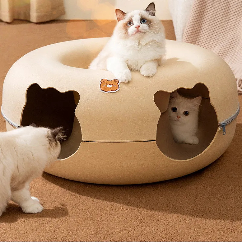 Cat Beds Furniture Cute Cartoon Shaped Interactive Toy for Cats House Felt Tunnel Cave Beds Removable Donut with Zipper Nest Basket Kitten Supplies 23