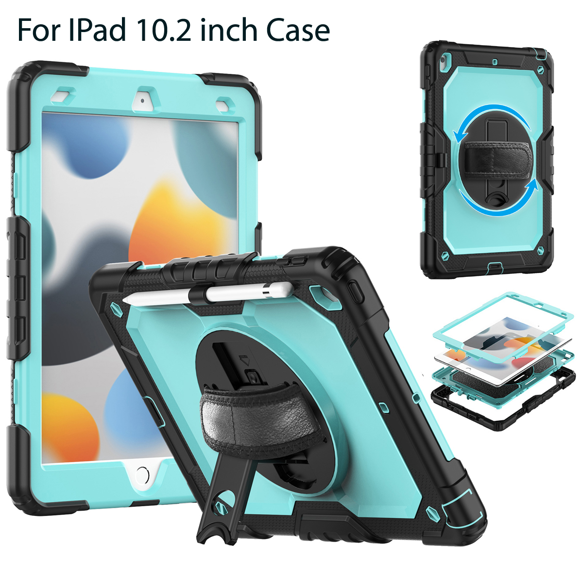 Shockproof Kids Case For iPad Pro 9.7 10.5 10.2 inch 7th/8th/9th Gen Hand Strap 360 Rotating Stand Silicone Armor Rugged Tablet Cover with PET Screen 