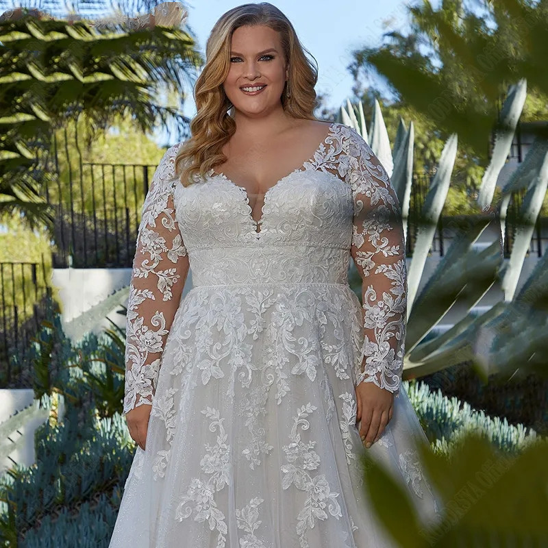 Elegant Wedding Dresses For Woman Plus Size Long Sleeves Applique Bride Gowns A-Line V-Neck Tulle Vestidos de Novia 01