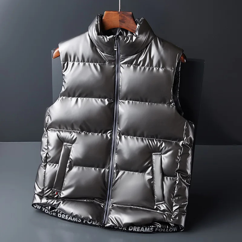 Men's Vests Winter Down Cotton Vest Mens Warm Sleeveless Puffer Jacket Casual Men Shiny Surface Zip Up Solid Jackets Tops 231011