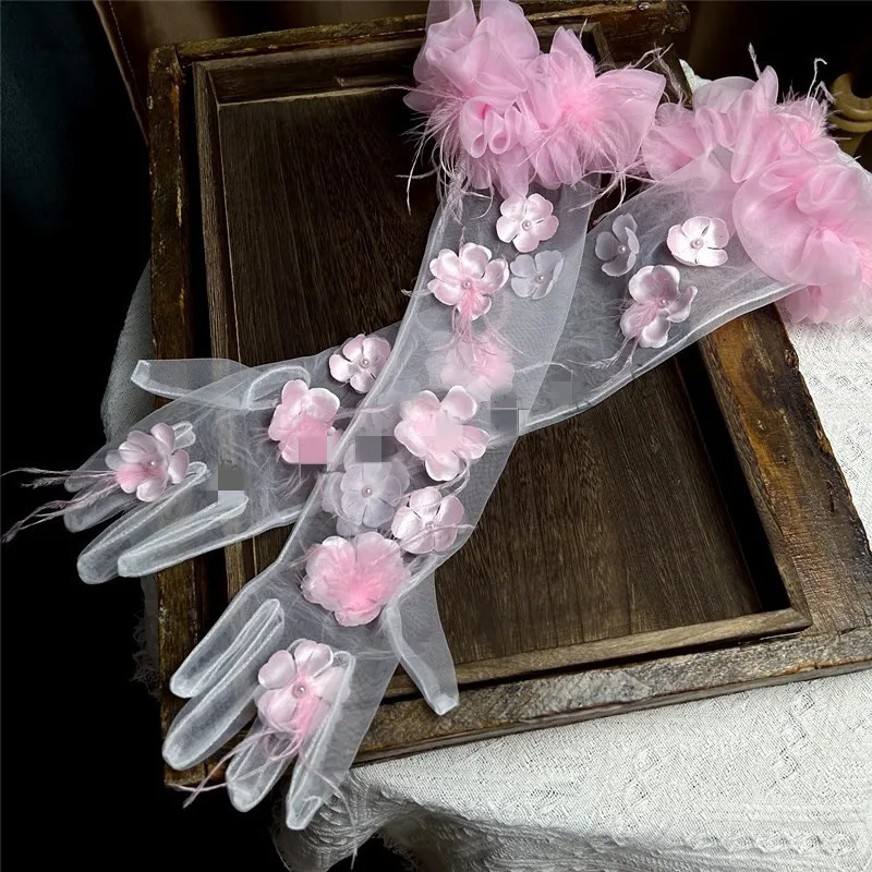Five Fingers Glove's Elegant Flower Feather Long Mesh Glove Female Spring Summer Vintage Sunscreen Driving Pograph Party R2117 231010