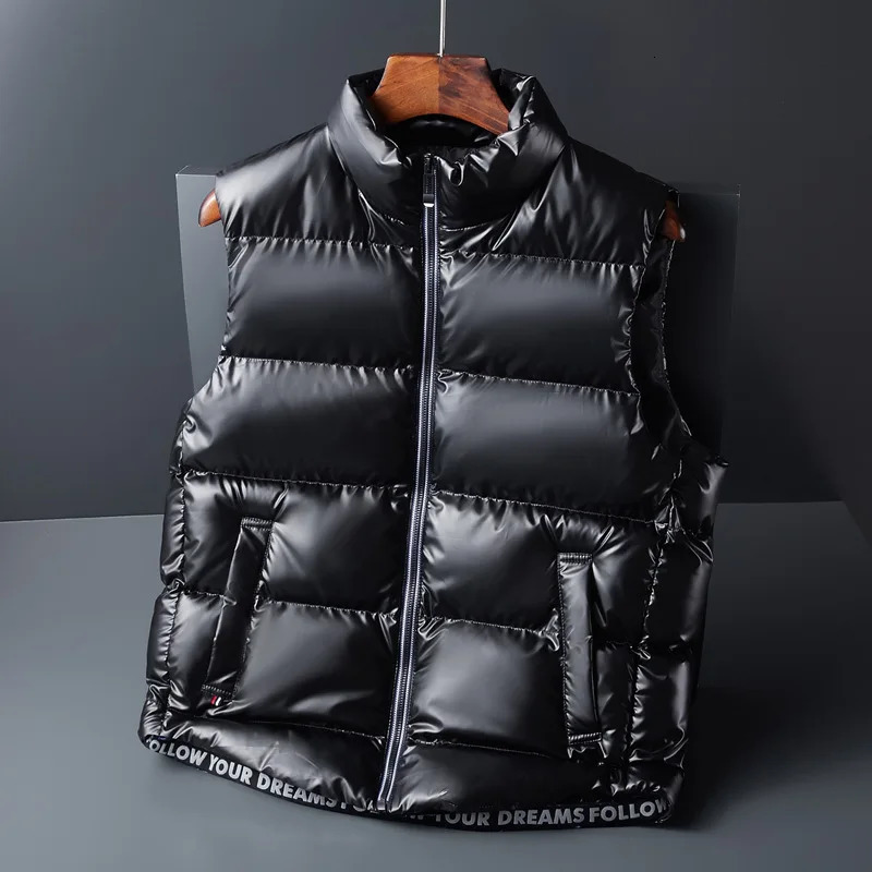 Men's Vests Winter Down Cotton Vest Mens Warm Sleeveless Puffer Jacket Casual Men Shiny Surface Zip Up Solid Jackets Tops 231011